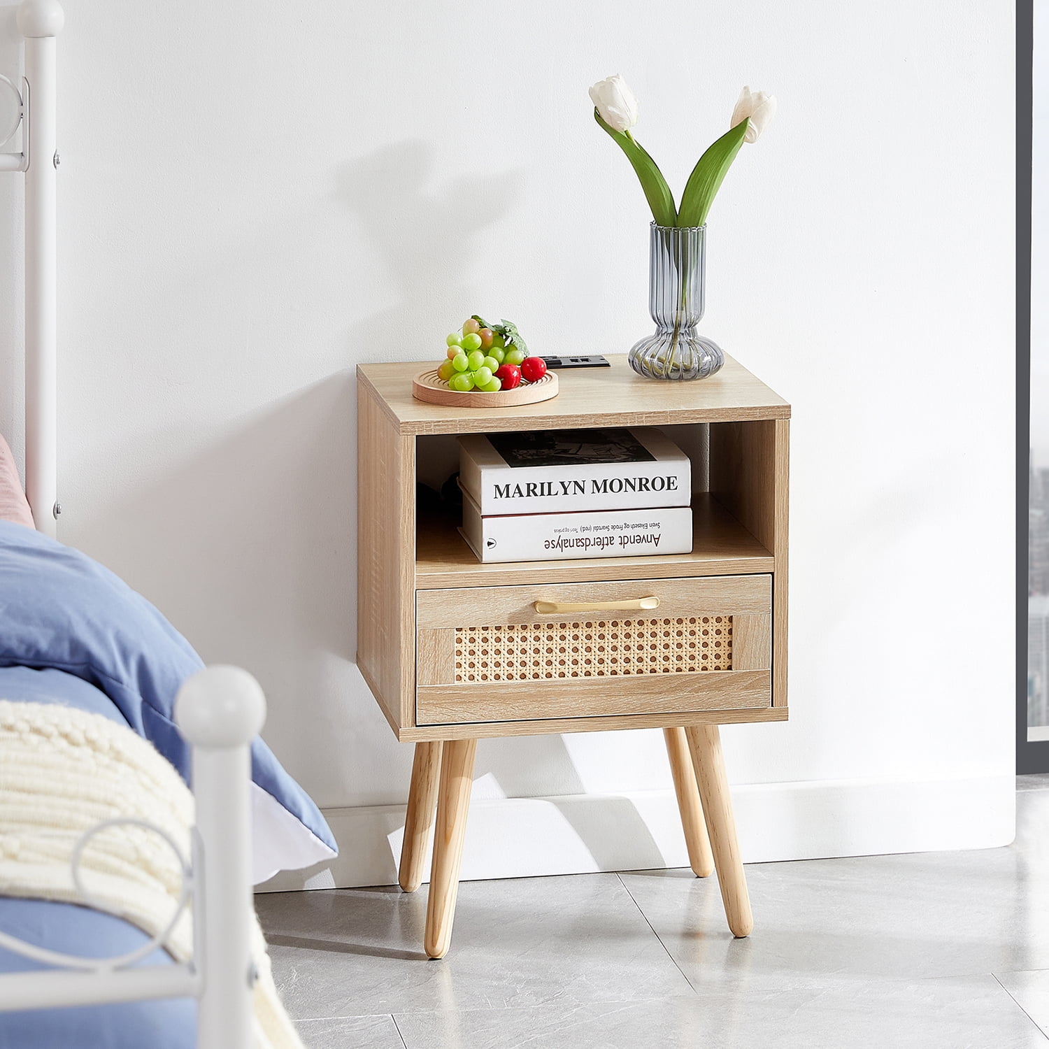 Kadyn Rattan Bedside Table, 15.75" Night Stand with Drawer and Solid Wood Legs, Modern Wood Nightstand for Bedroom, Natural Kadyn Rattan Bedside Table, 15.75" Night Stand with Drawer and Solid Wood Legs, Modern Wood Nightstand for Bedroom, Natural