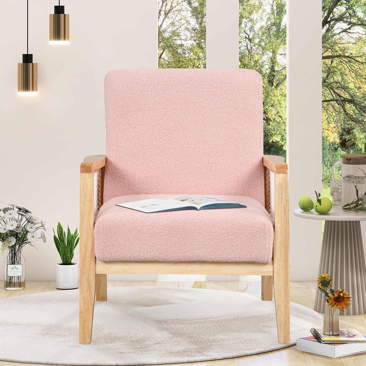 Kadyn Rattan Mesh Upholstered Accent Chair, Mid-Century Armchair for Living Room, Altay Velvet Armchair with Solid Wood Frame, Pink