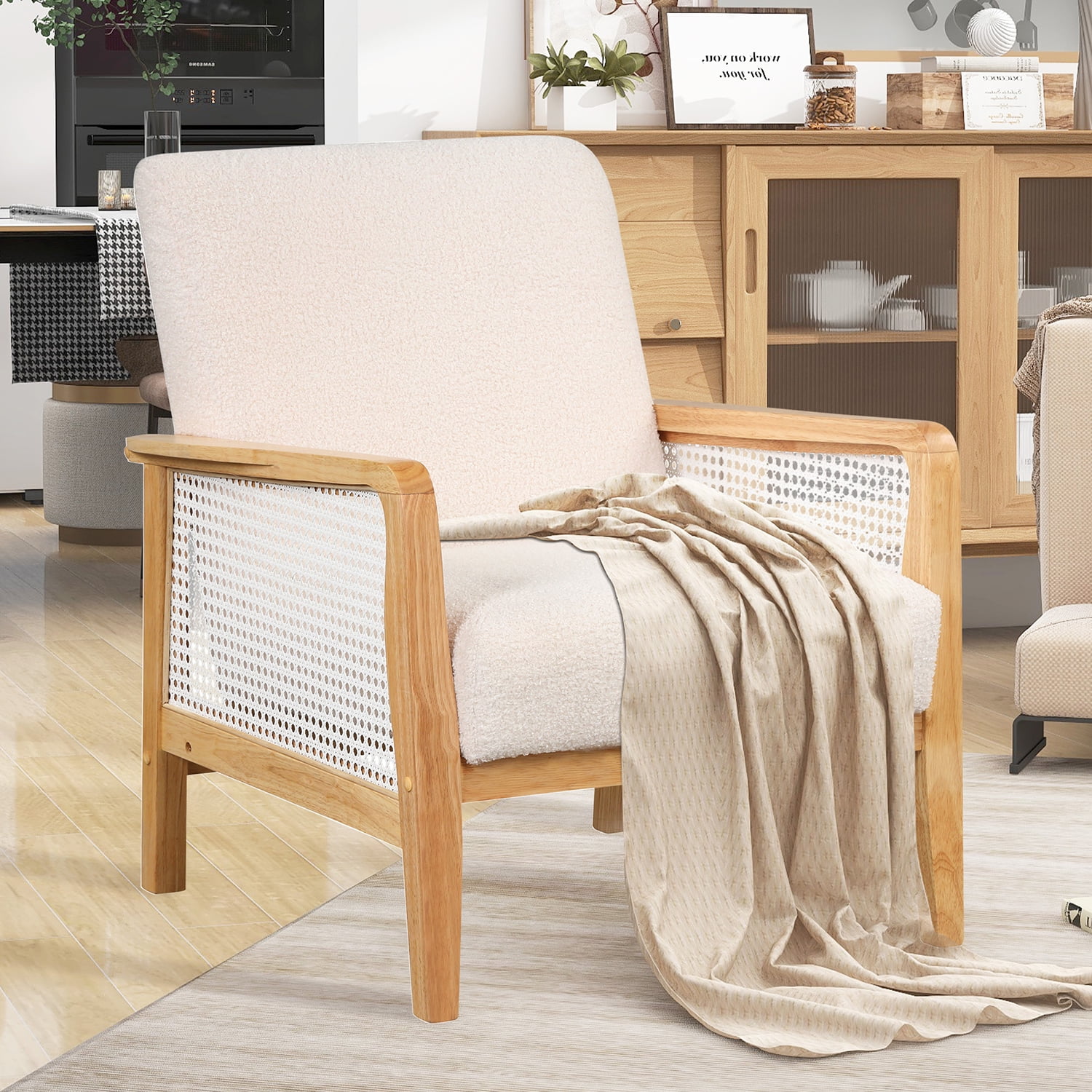 Kadyn Rattan Mesh Upholstered Accent Chair, Mid-Century Armchair for Living Room, Altay Velvet Armchair with Solid Wood Frame, White Kadyn Rattan Mesh Upholstered Accent Chair, Mid-Century Armchair for Living Room, Altay Velvet Armchair with Solid Wood Frame, White