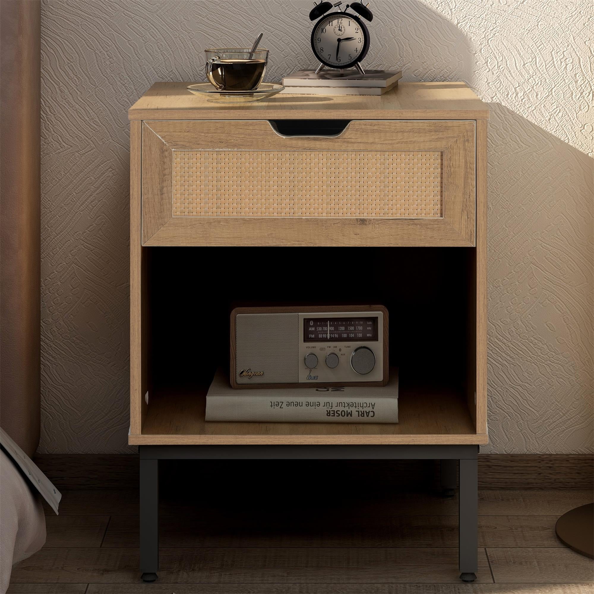 Kadyn Rattan Nightstand, Natural Bedside Table with Drawers and Open Shelves for Bedroom