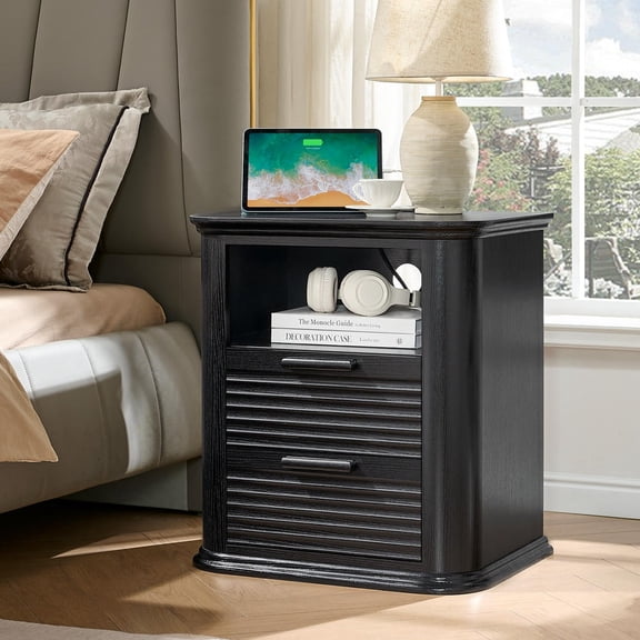 Kadyn Fluted Nightstand with Charging Station, 2 Drawer Bedside Table with Outlets USB & Type-C, Modern Curved Profile End Table/Side Table for Bedroom Living Room, Black