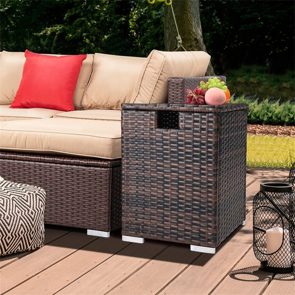 Kadyn Rattan Side Table with Storage, 1 Tier Storage Shelf for All Weather for Outdoor, Patio, Garden, Backyard,Brown