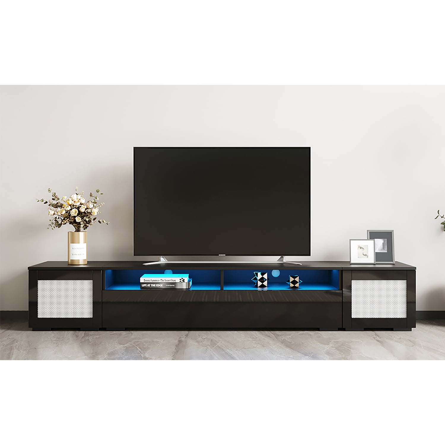 Kadyn Rattan Style Entertainment Cente, Particle Board TV Console Table with Push to Open Doors and Color Changing LED Lights, Modern TV Stand for TVs Up to 90”, Black Kadyn Rattan Style Entertainment Cente, Particle Board TV Console Table with Push to Open Doors and Color Changing LED Lights, Modern TV Stand for TVs Up to 90”, Black
