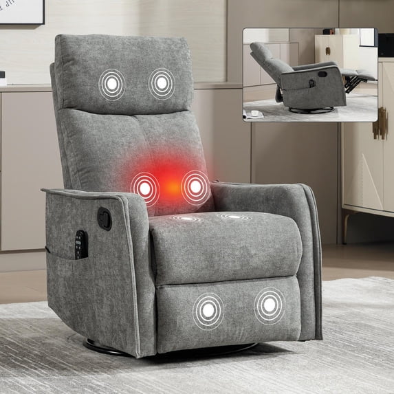 Kadyn Reclining Chair with Rocker and Swivel, Light Gray Heat Massage Adjustable Recliner Seat with Chenille Fabric for Home Office, Living Room, Bedroom, Light Gray