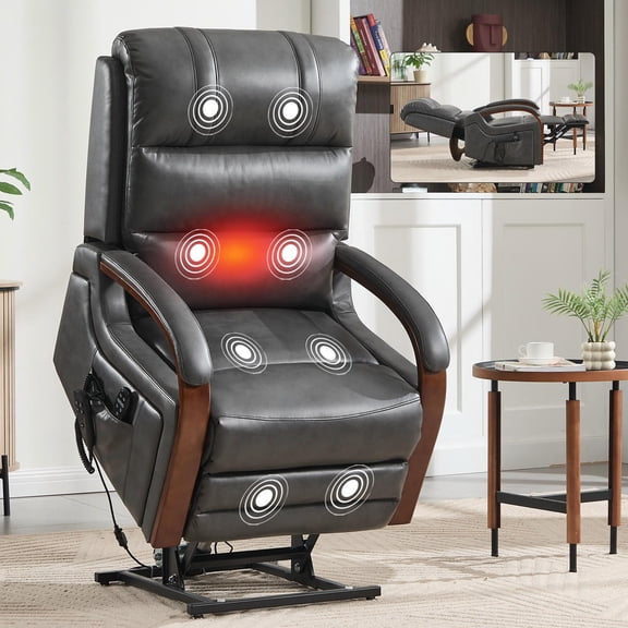 Kadyn Reclining Chair with Solid Wood Armrests, Heat Massage and Heavy Duty Motion Mechanism, Adjustable Recliner Seat with Power Leatheraire Lift Dual Motor, Dark Gray