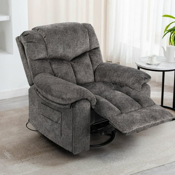 Kadyn Reclining Chair with Massage and Heating Bonded Leather, Swivel and Rocking Adjustable Recliner Seat for Living Room, Bedroom, Gray