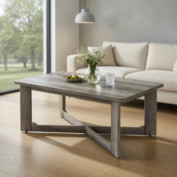 Kadyn Rectangle Coffee Table with Rubber Wood Base and X-Shaped Design for Living Room, Industrial Style Accent Table, Gray