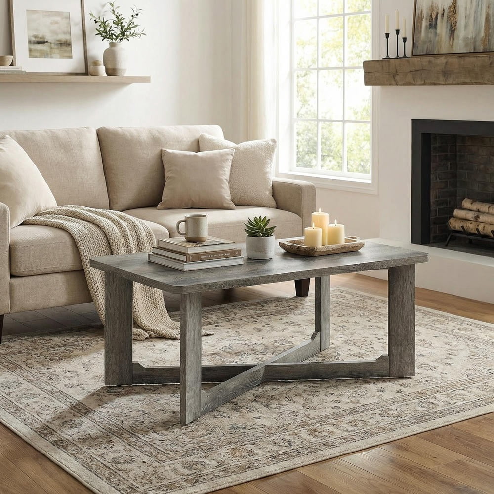 Kadyn Rectangle Coffee Table with Rubber Wood Base and X-Shaped Design for Living Room, Industrial Style Accent Table, Gray