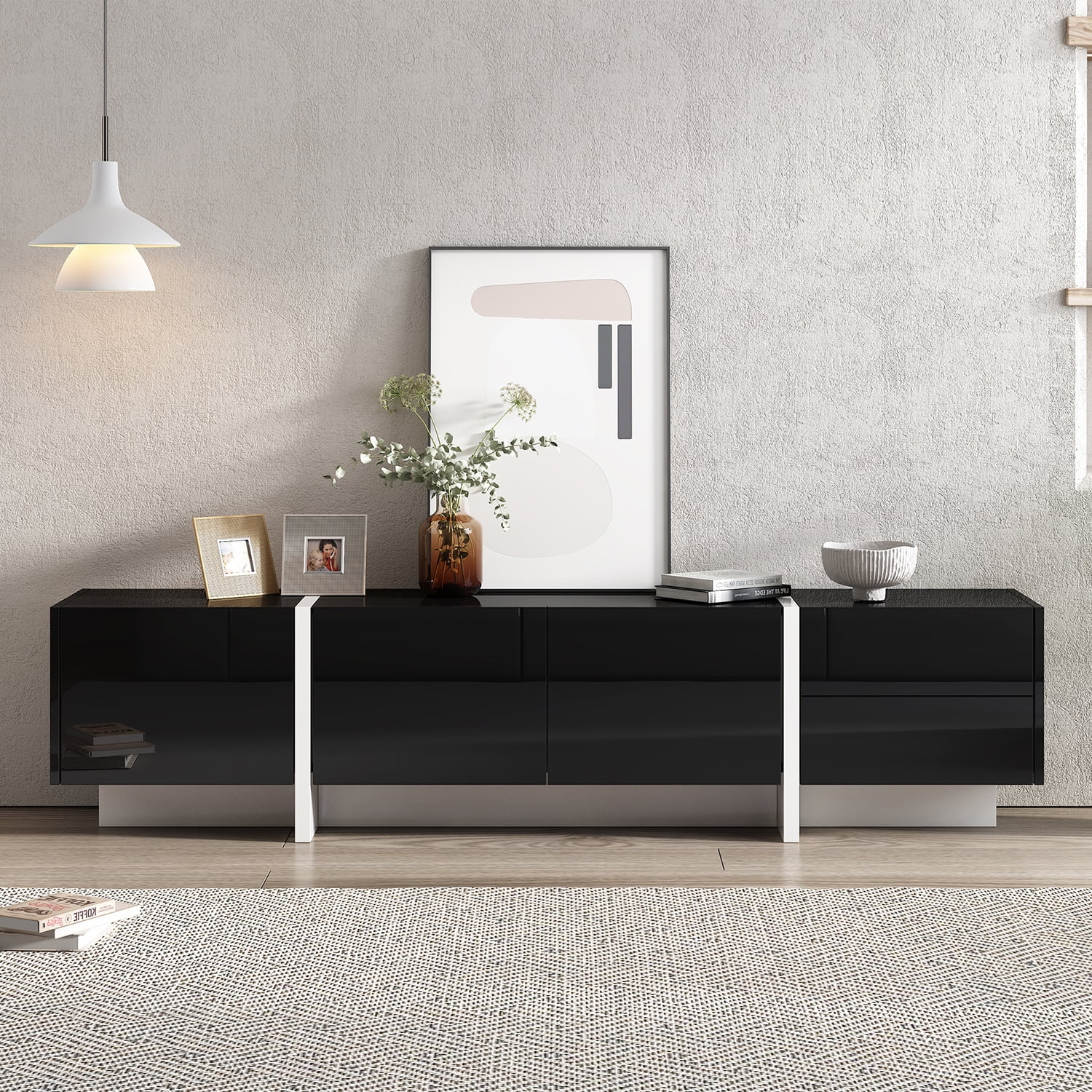 Kadyn Rectangle TV Stand, Particle Board TV Cabinet for TVs Up to 80”, Modern Entertainment Center TV Console with High Gloss UV Surface, 2 Drawers and 3 Cabinets, Black Kadyn Rectangle TV Stand, Particle Board TV Cabinet for TVs Up to 80”, Modern Entertainment Center TV Console with High Gloss UV Surface, 2 Drawers and 3 Cabinets, Black
