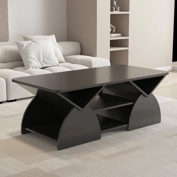 Kadyn Rectangular Coffee Table with Rounded Corners and Open Shelves for Living Room Storage, Modern Geometric Design Sturdy Frame Easy Assembly, Black