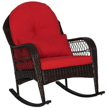 Kadyn Rocking Chairs Outdoor, Patio Rattan Rocking Chair with Seat Back Cushions and Waist Pillow-Red, Patio Rocking Chairs