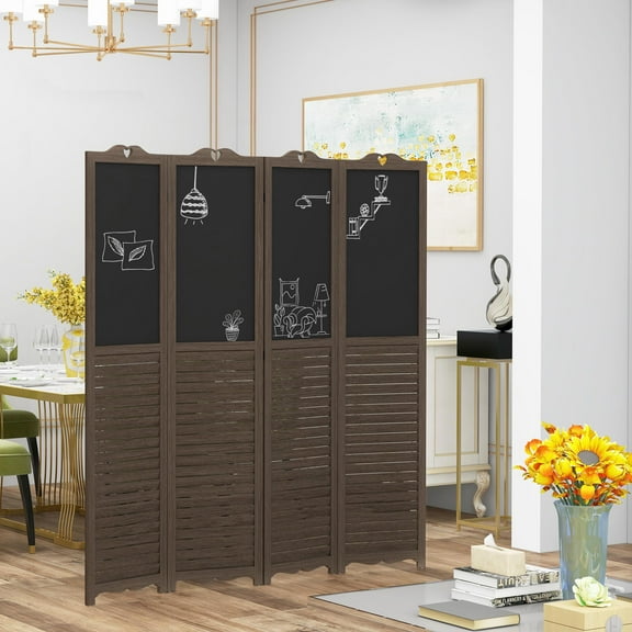 Kadyn Room Divider, Privacy Screens, Wooden Room Divider with Blackboard, 4 Panel Folding Privacy Screen for Home Office, 5.5', Walnut Brown