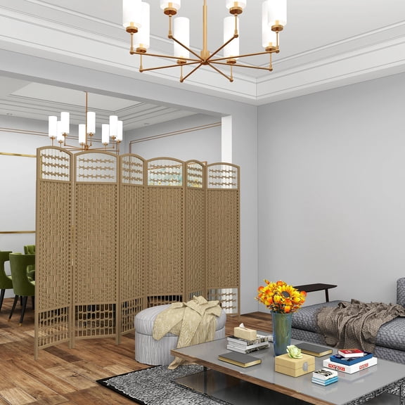 Kadyn Room Divider with 6 Panel Folding and Portable Privacy Screen Wave Fiber Room Partition, Screen Wall Divider for Bedroom, Home Office, Natural