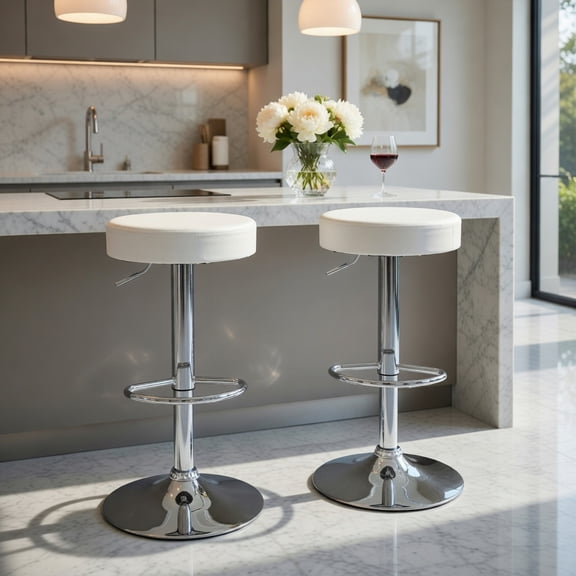Kadyn Round Bar Stool Set of 2 PU Leather Adjustable Backless Counter Height Barstool, Modern Bar Chairs with Footrest Armless for Kitchen Counter Island Pub(White)