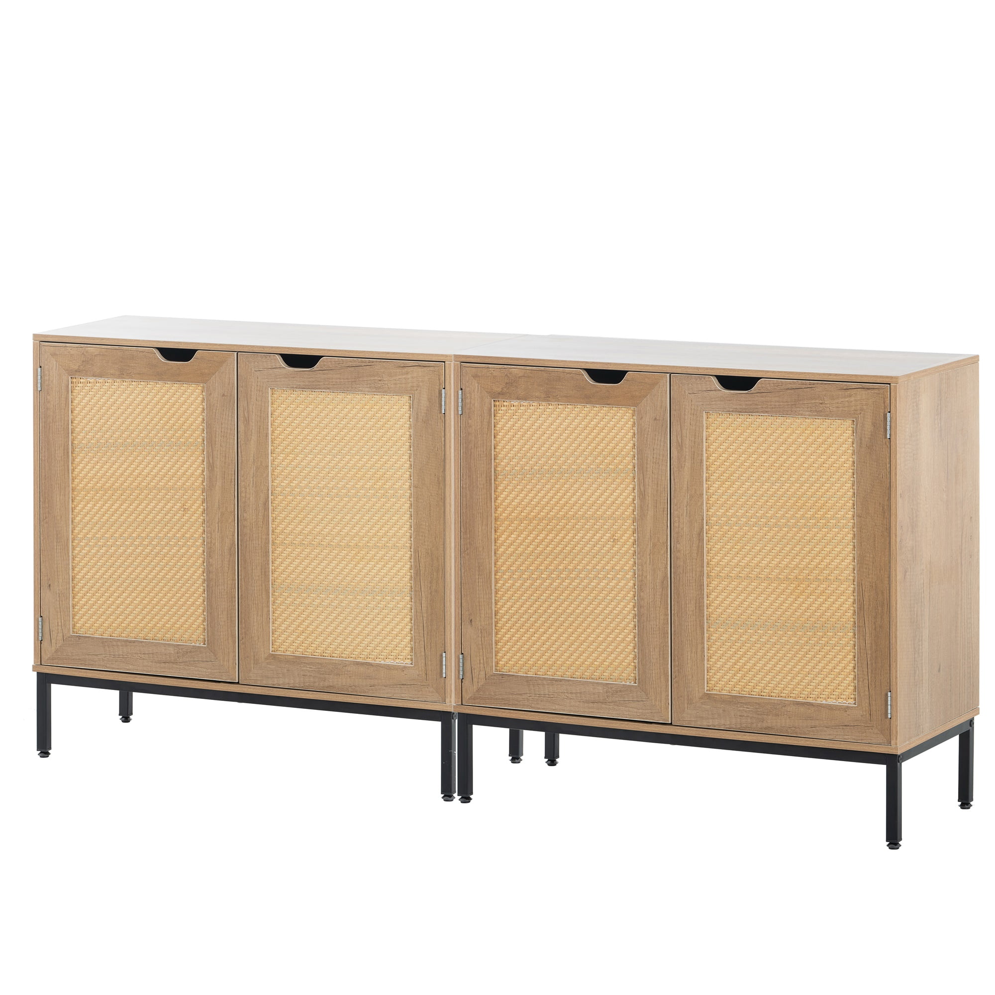 Kadyn Rustic Kitchen Storage Cabinet with 2 Rattan Doors, Natural Sideboard Buffet Cabinet for Living Room, Set of 2