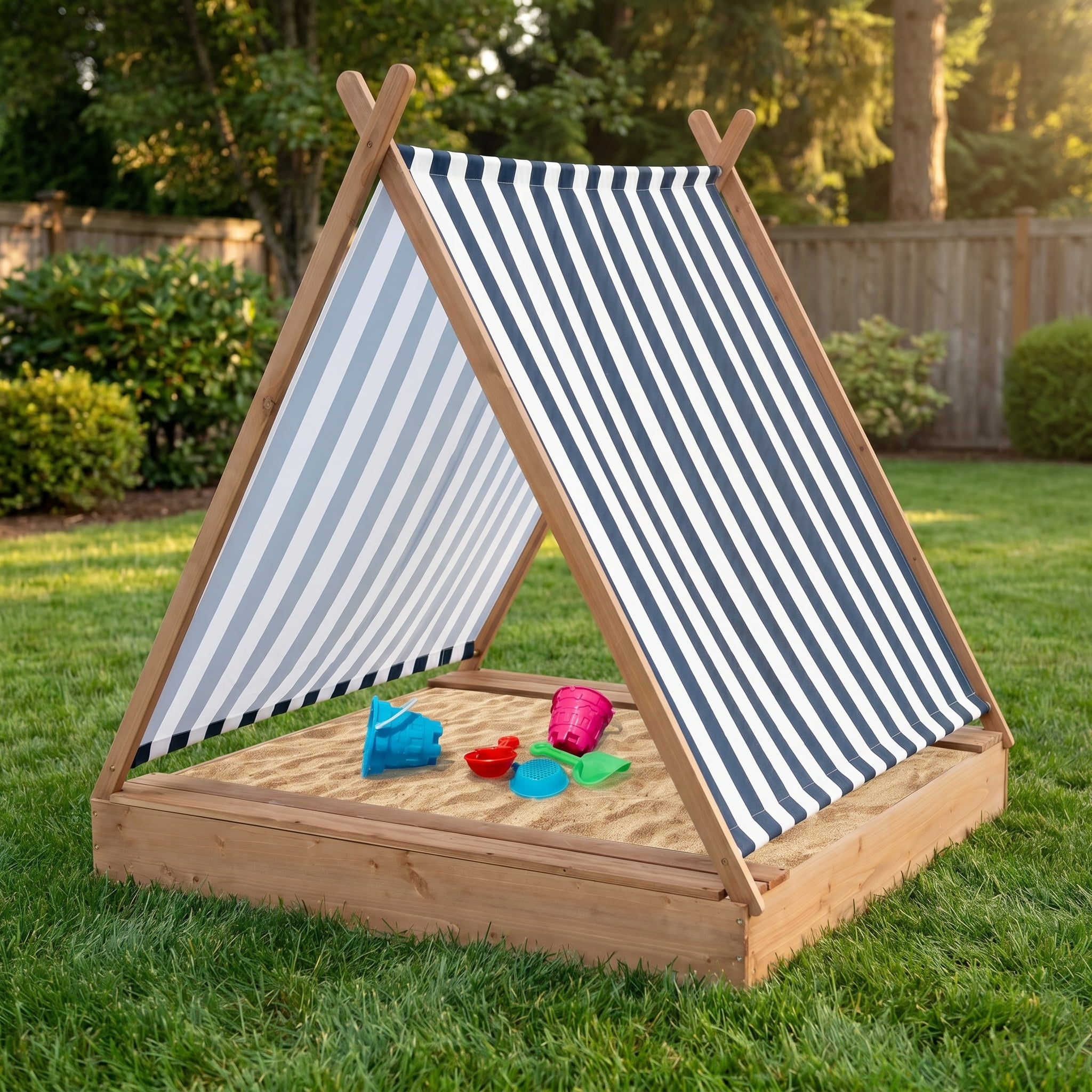 Kadyn Sandbox, Outdoor Play Sand Box,49 x 48 Inch Kids Wooden Sandbox with Cover and 2 Bench Seats