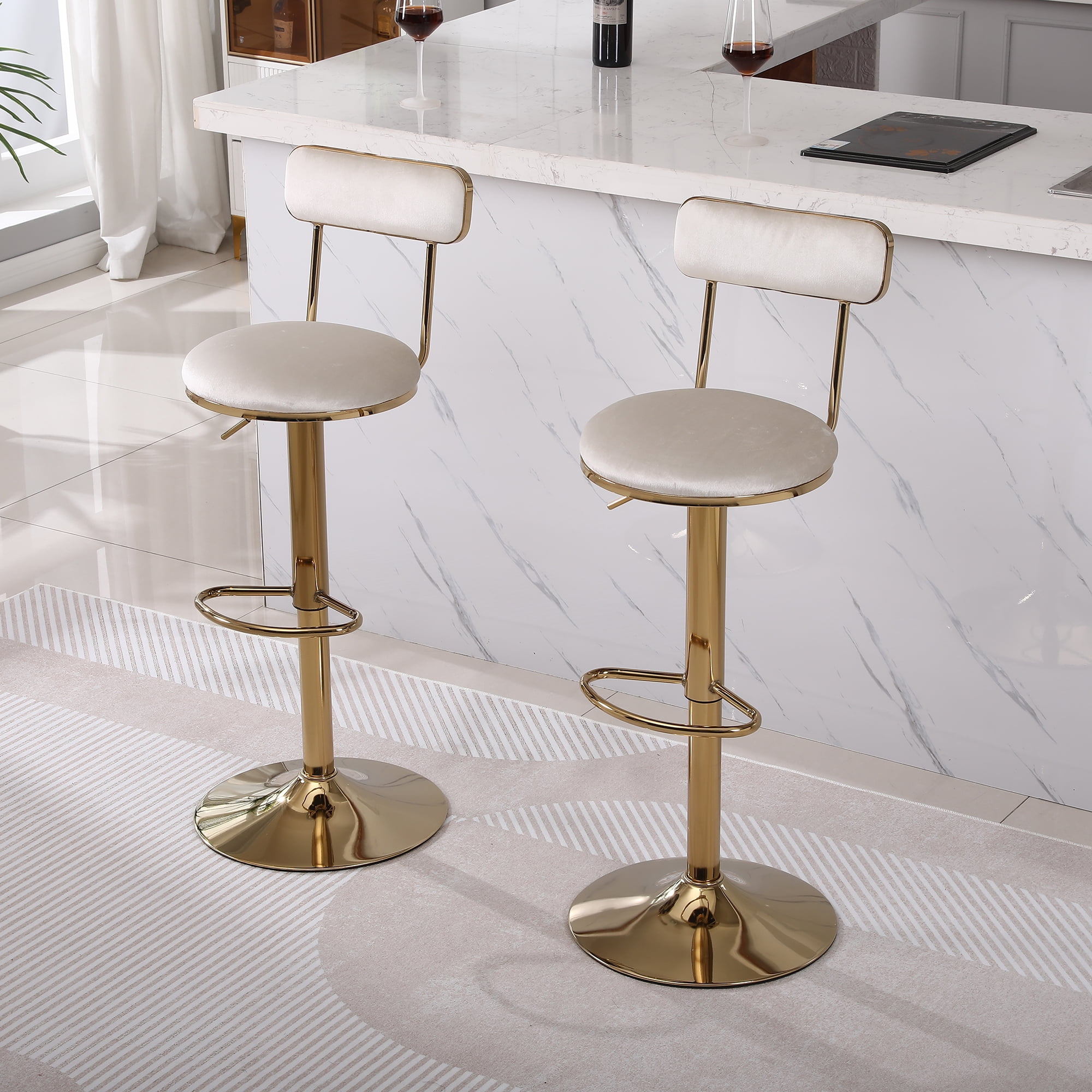 Kadyn Set of 2 Adjustable Counter Height Bar Stools with Back and Footrest, Beige Kadyn Set of 2 Adjustable Counter Height Bar Stools with Back and Footrest, Beige
