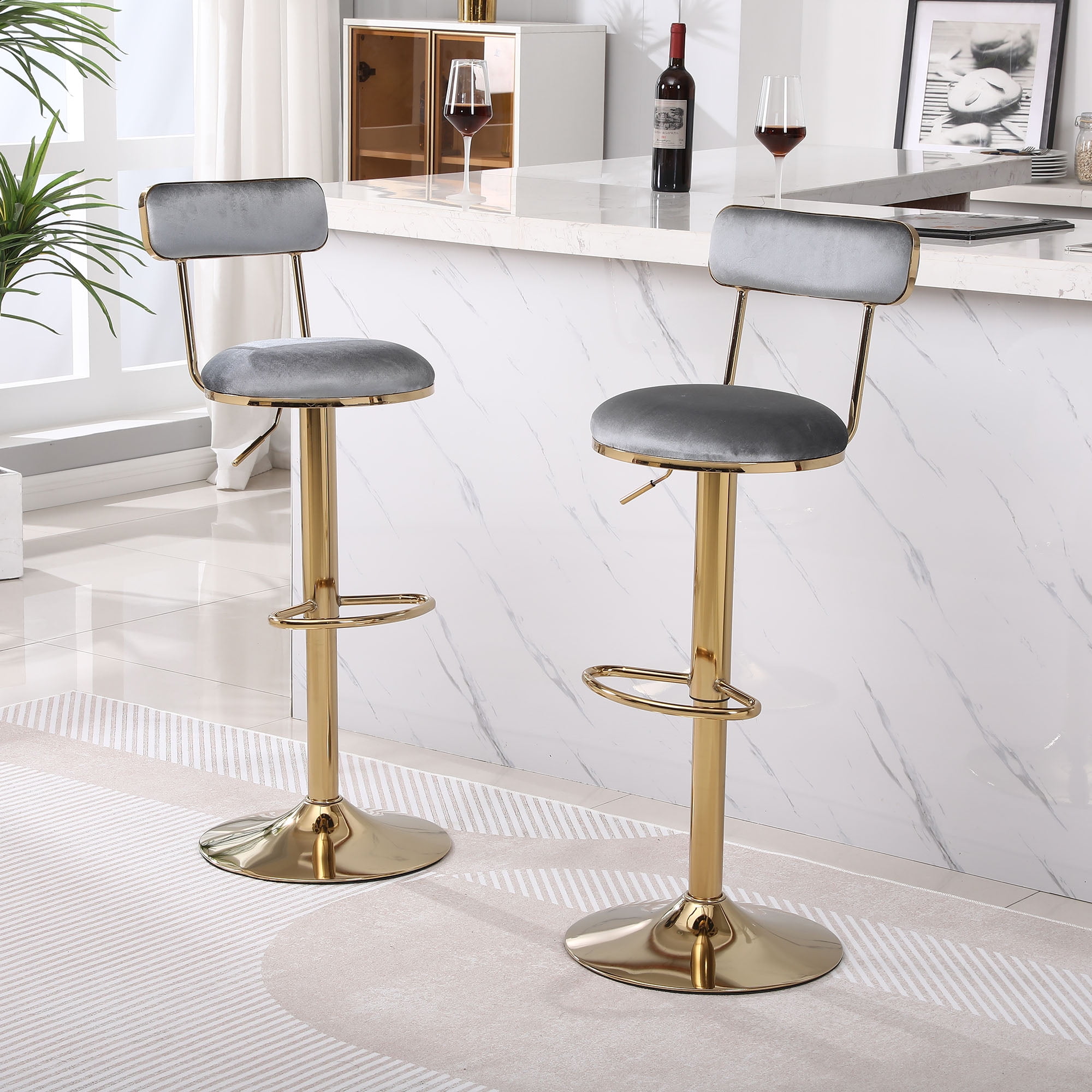Kadyn Set of 2 Adjustable Counter Height Bar Stools with Back and Footrest, Grey Kadyn Set of 2 Adjustable Counter Height Bar Stools with Back and Footrest, Grey