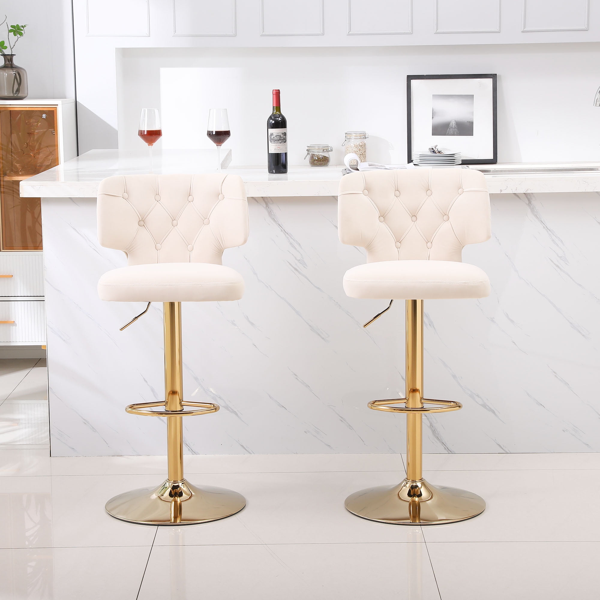 Kadyn Set of 2 Adjustable Swivel Bar Stools Chair with Back& Footrest for Home, Beige