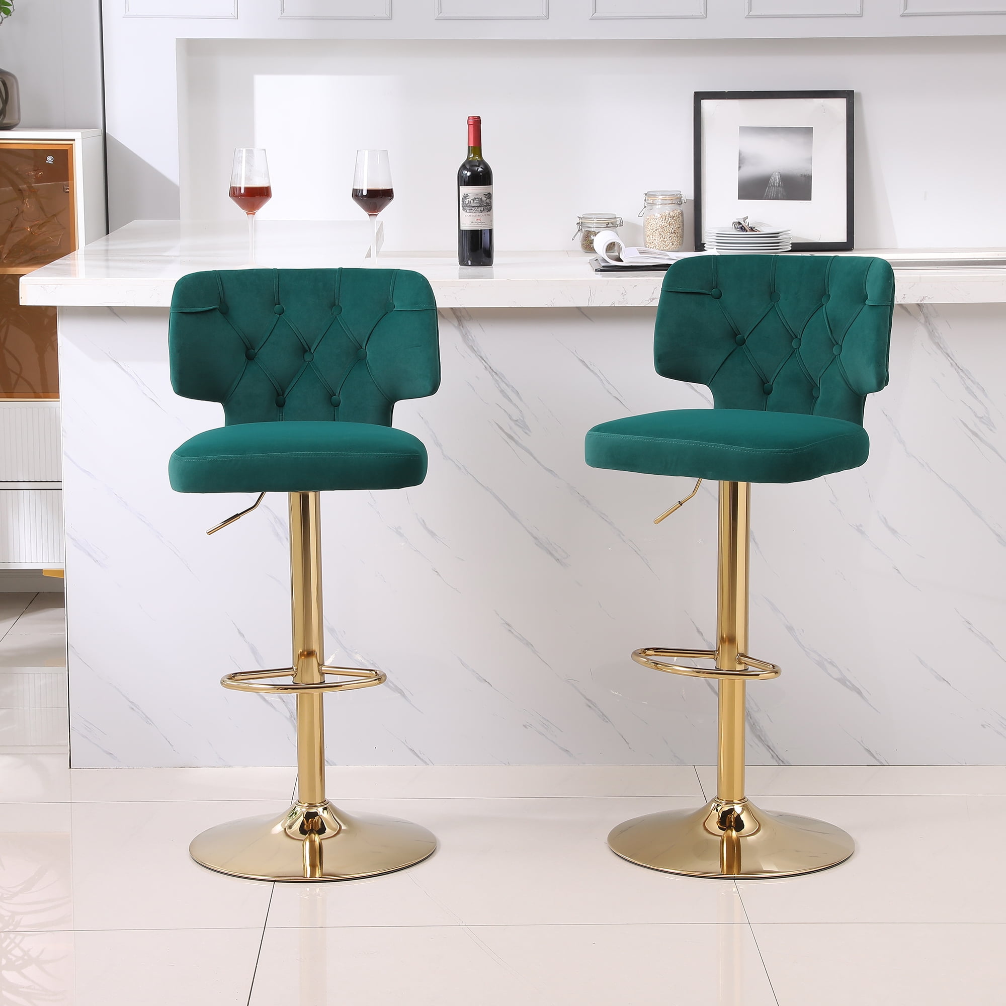 Kadyn Set of 2 Adjustable Swivel Bar Stools Chair with Back& Footrest for Home, Emerald Kadyn Set of 2 Adjustable Swivel Bar Stools Chair with Back& Footrest for Home, Emerald