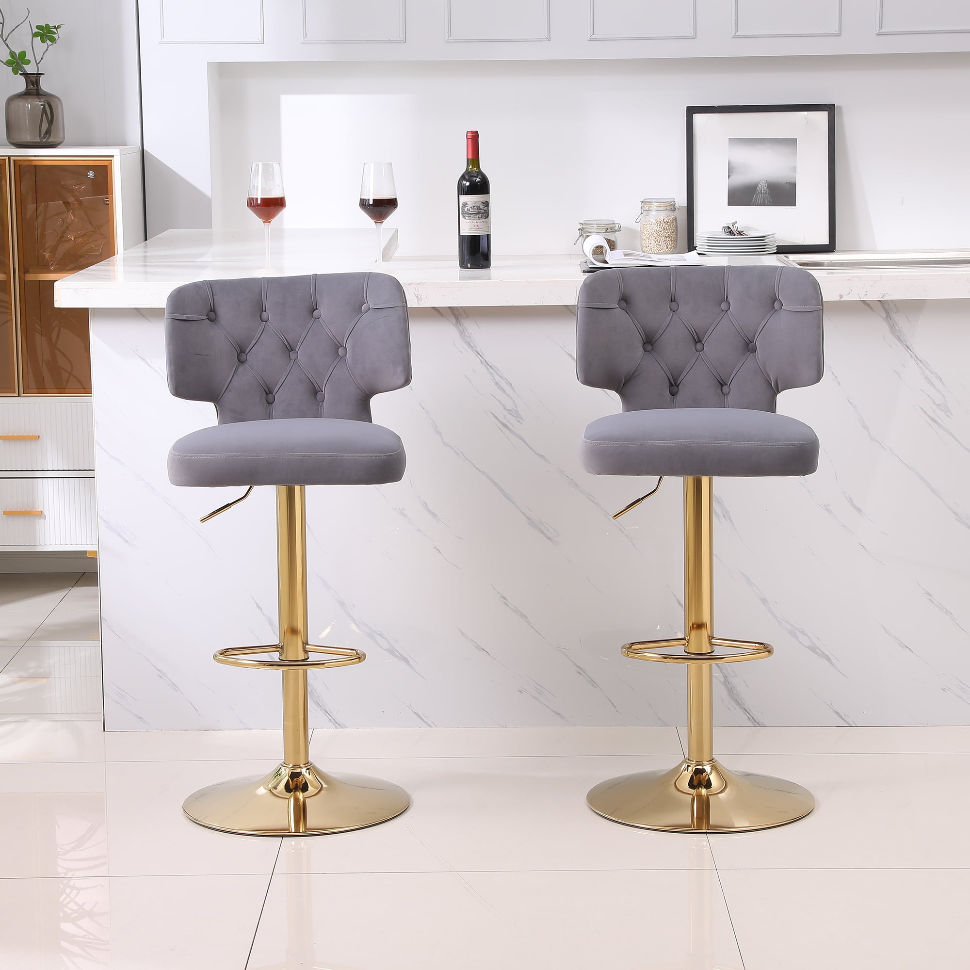Kadyn Set of 2 Adjustable Swivel Bar Stools Chair with Back& Footrest for Home, Grey Kadyn Set of 2 Adjustable Swivel Bar Stools Chair with Back& Footrest for Home, Grey