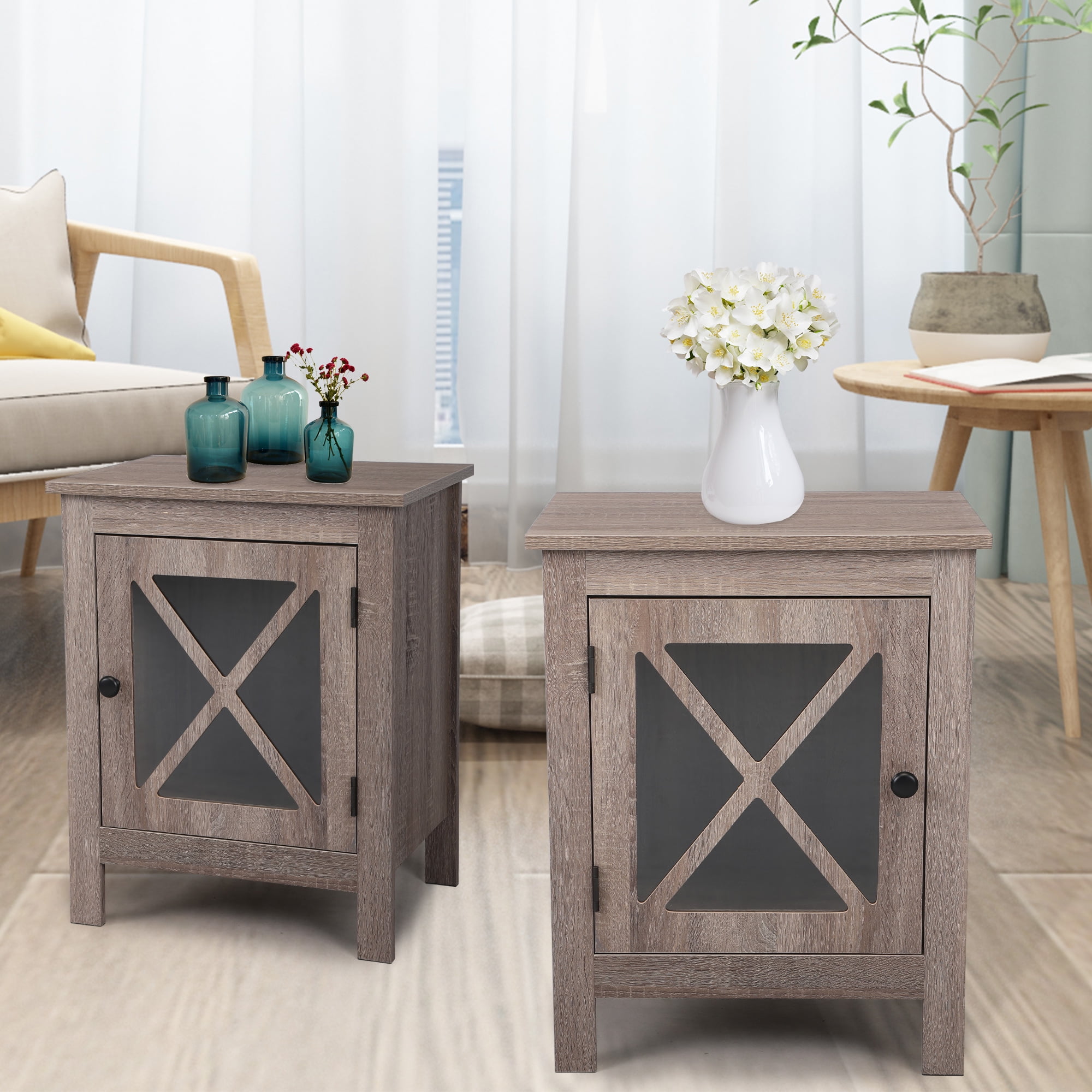 Kadyn Set of 2 Industrial Nightstand, Farmhouse Side Table End Table with X design glass Door - Light Gray Wood Kadyn Set of 2 Industrial Nightstand, Farmhouse Side Table End Table with X design glass Door - Light Gray Wood