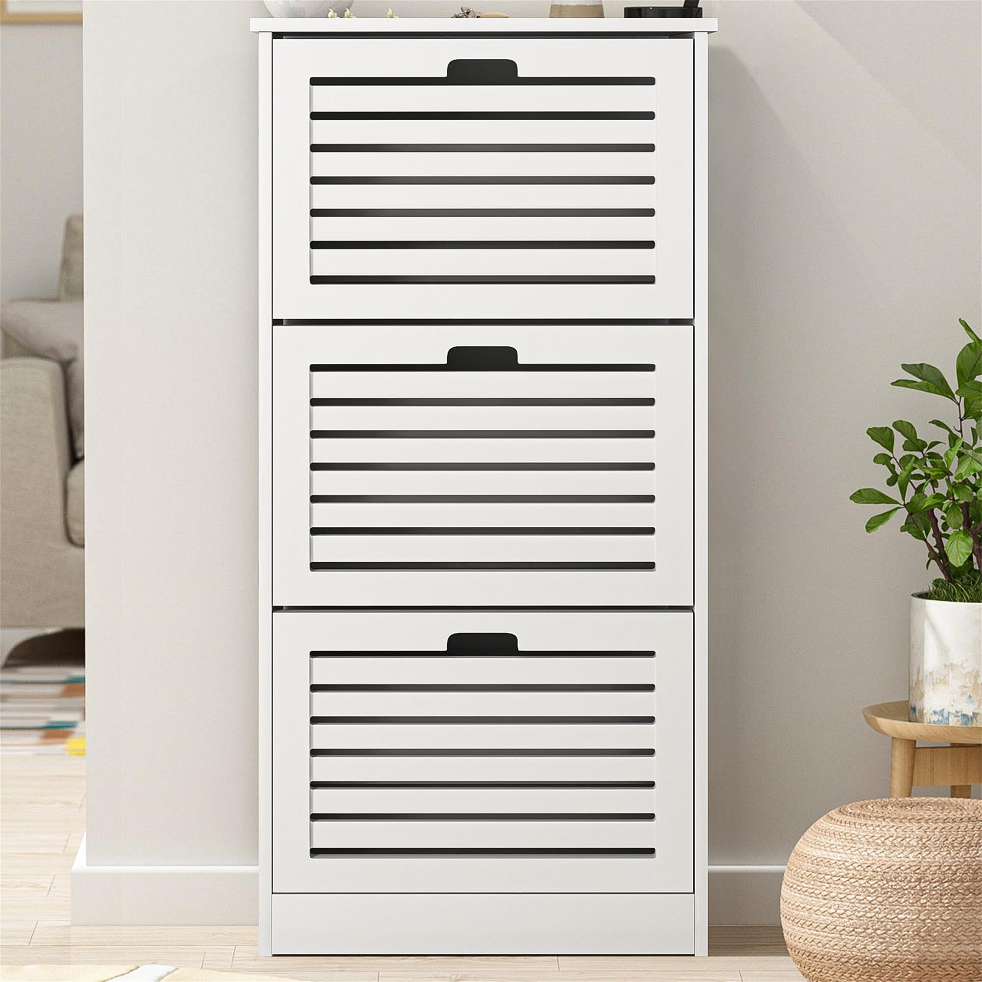 Kadyn Shoe Cabinet, Freestanding Shoe Rack Storage Organizer for Entryway with 3 Flip Drawers, White Wooden Entryway Shoe Storage Organizer Kadyn Shoe Cabinet, Freestanding Shoe Rack Storage Organizer for Entryway with 3 Flip Drawers, White Wooden Entryway Shoe Storage Organizer