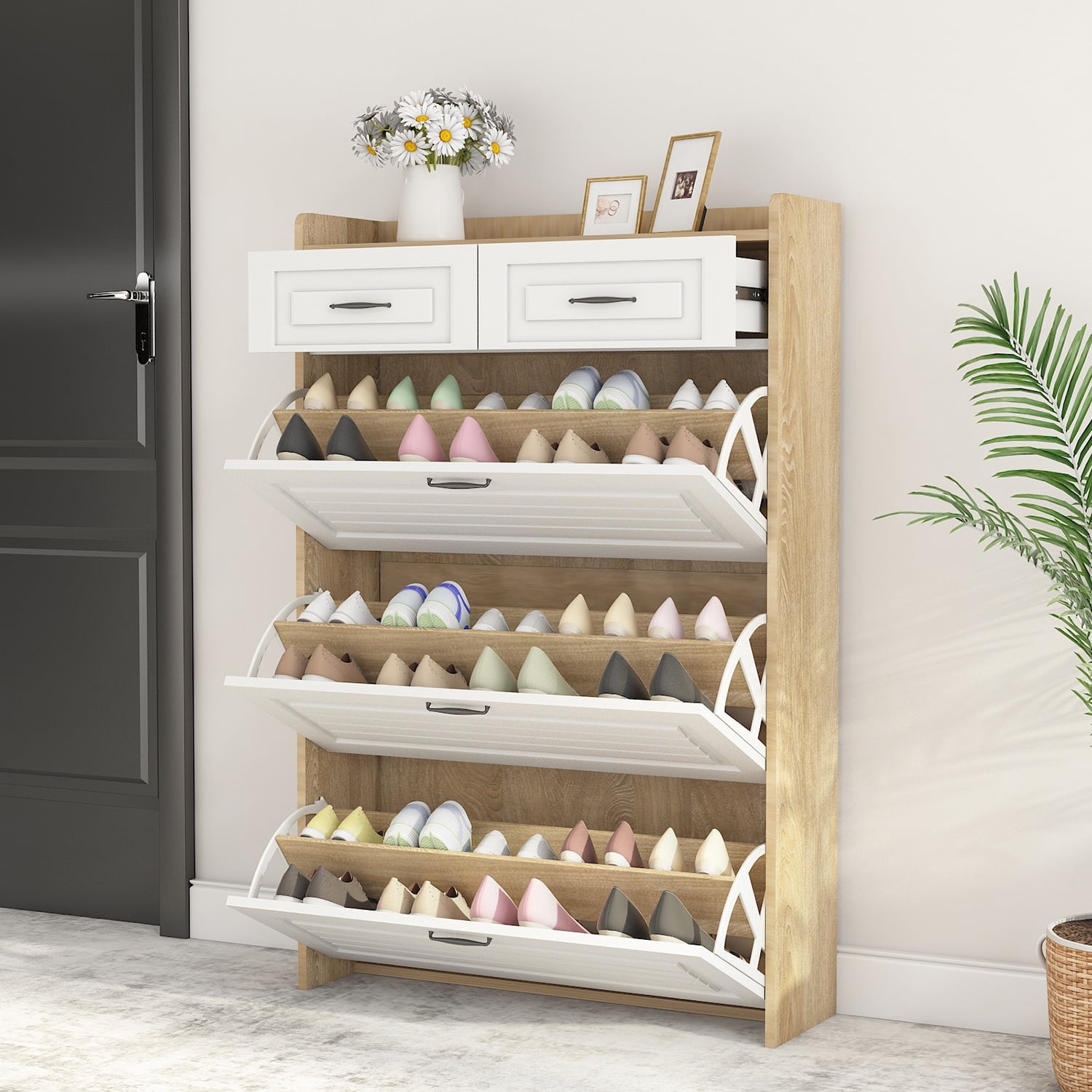 Kadyn Shoe Rack with 3 Doors, Shoe Organizer, White & Oak Color Shoe Cabinet with 2 Drawers Kadyn Shoe Rack with 3 Doors, Shoe Organizer, White & Oak Color Shoe Cabinet with 2 Drawers