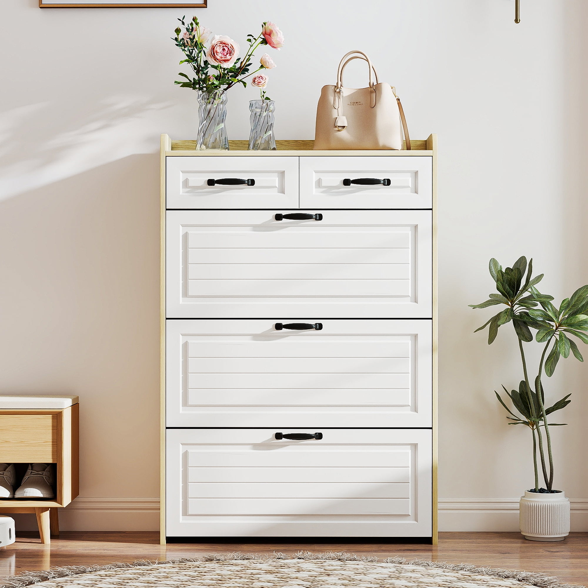 Kadyn Shoe Rack with 3 Doors, Shoe Organizer, White & Oak Shoe Cabinet with 2 Drawers, Shoe Storage Cabinet for Living Room, Hallway, Entryway