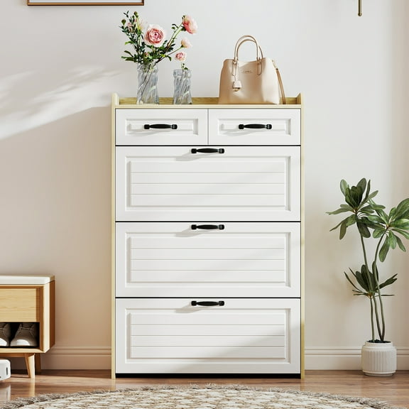 Kadyn Shoe Rack with 3 Doors, Shoe Organizer, White & Oak Shoe Cabinet with 2 Drawers, Shoe Storage Cabinet for Living Room, Hallway, Entryway