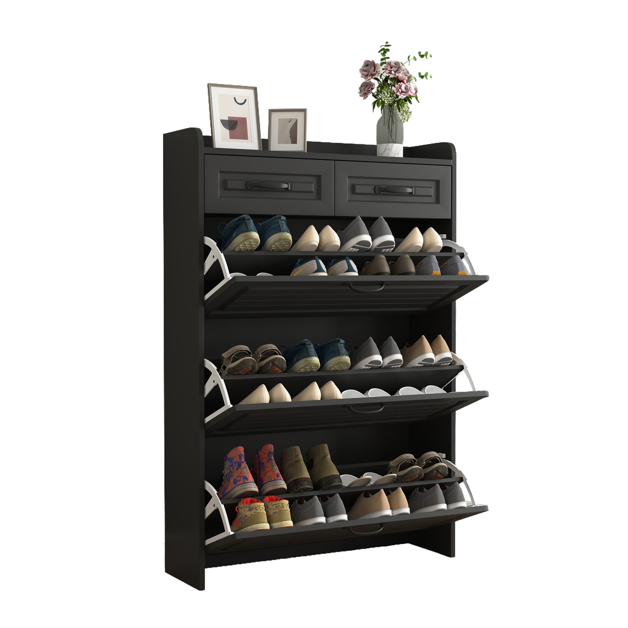 Kadyn Shoe Rack with 3 Doors, Shoe Organizer, Black Shoe Cabinet with 2 Drawers, Shoe Storage Cabinet for Living Room, Hallway, Entryway