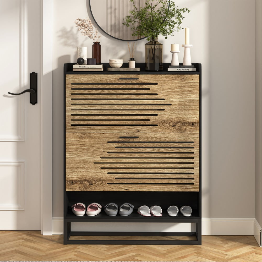 Kadyn Shoe Storage Cabinet for Entryway, Free Standing Shoe Organizer with 2 Flip Drawers, Hidden Shoe Rack Storage Organizer for Doorway Hallway Closet, Brown&Black