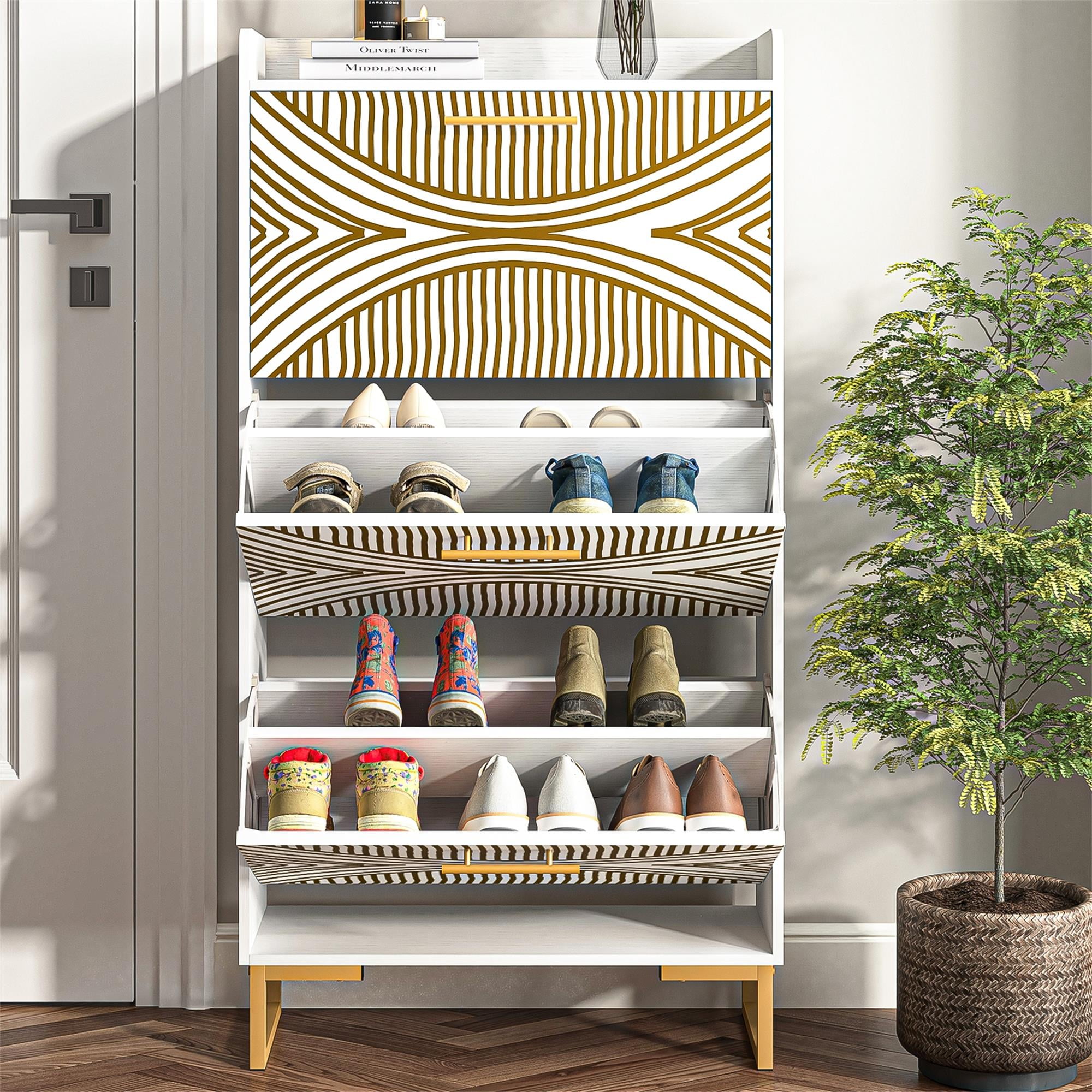 Kadyn Shoe Storage Organizer Cabinet, Shoe Cabinet for Entryway, Standing Shoe Racks Storage Cabinet with Metal Legs, Beige