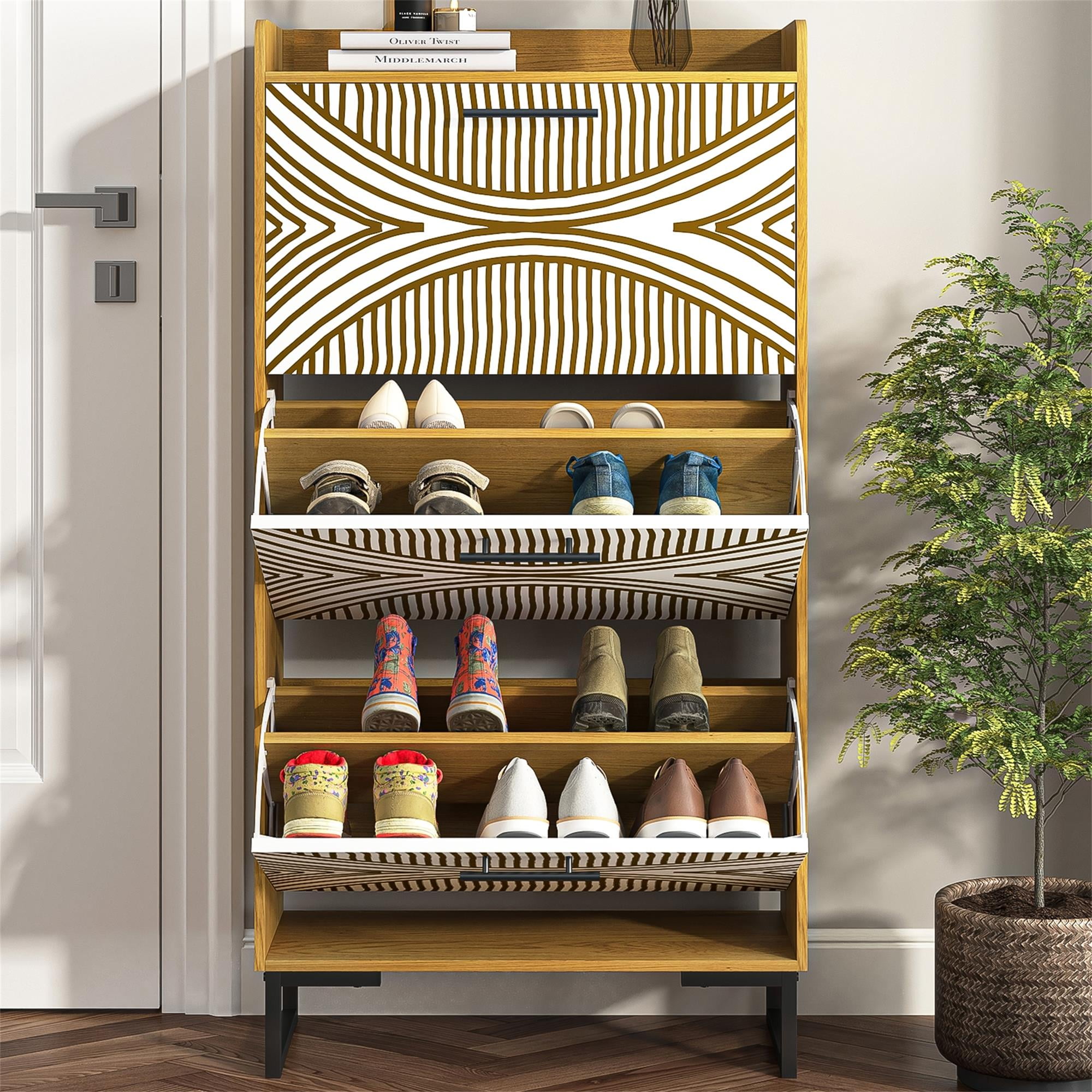 Kadyn Shoe Storage Organizer Cabinet, Shoe Cabinet for Entryway, Standing Shoe Racks Storage Cabinet with Metal Legs, Brown Kadyn Shoe Storage Organizer Cabinet, Shoe Cabinet for Entryway, Standing Shoe Racks Storage Cabinet with Metal Legs, Brown