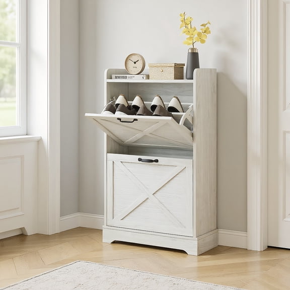 Kadyn Shoes Storage Cabinet, Shoe Cabinet,Slim Shoe Storage Cabinet, Farmhouse Shoe Cabinet with 2 Flip Drawers for 8 Pairs, Distressed White