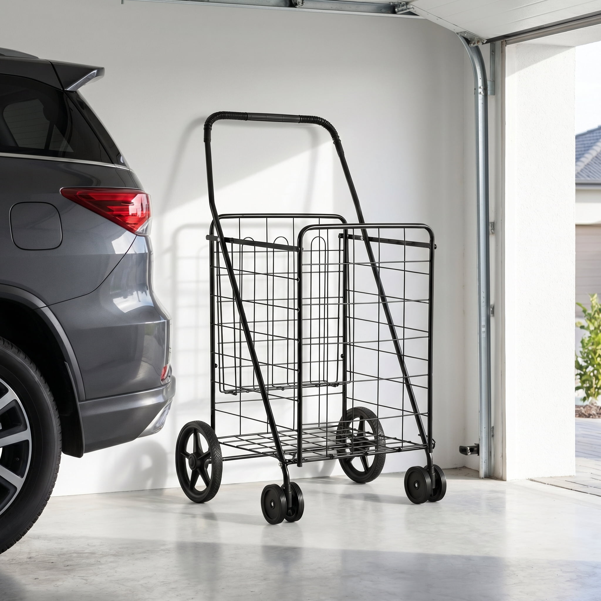 Kadyn Shopping Carts,Shopping Trolley, Grocery Utility Cart,Folding Shopping Cart for Laundry with Swiveling Wheels and Dual Storage Baskets-Black