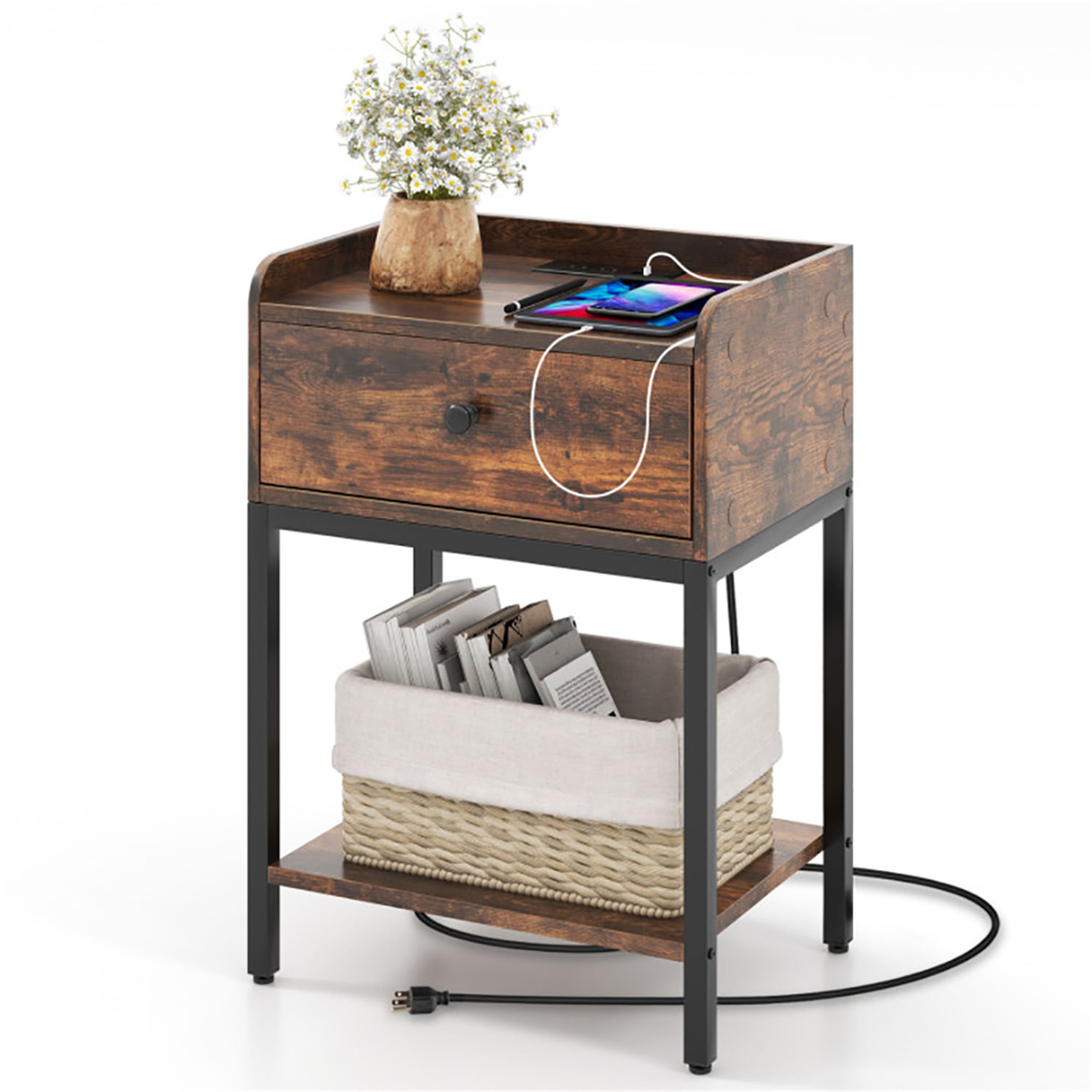 Kadyn Side Table with Charging Stand, Nightstand with 1 Storage Cabinet, Narrow Side Table with USB Port and Power Outlet, Small Sofa Table for Living Room or Bedroom, Rustic Brown Bedside Table Kadyn Side Table with Charging Stand, Nightstand with 1 Storage Cabinet, Narrow Side Table with USB Port and Power Outlet, Small Sofa Table for Living Room or Bedroom, Rustic Brown Bedside Table