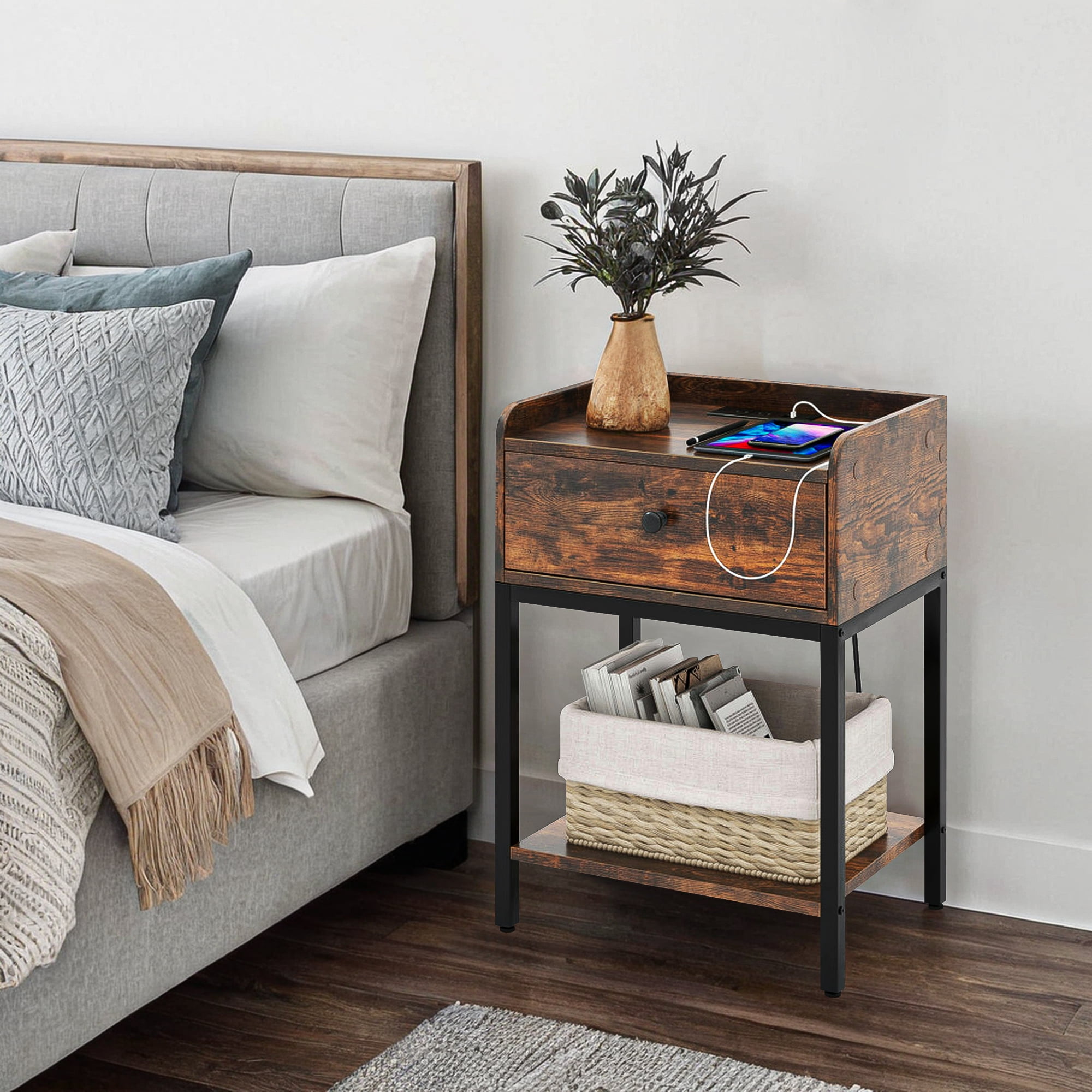 Kadyn Side Table with Charging Stand, Nightstand with 1 Storage Cabinet, Narrow Side Table with USB Port and Power Outlet, Small Sofa Table for Living Room or Bedroom, Rustic Brown Bedside Table Kadyn Side Table with Charging Stand, Nightstand with 1 Storage Cabinet, Narrow Side Table with USB Port and Power Outlet, Small Sofa Table for Living Room or Bedroom, Rustic Brown Bedside Table