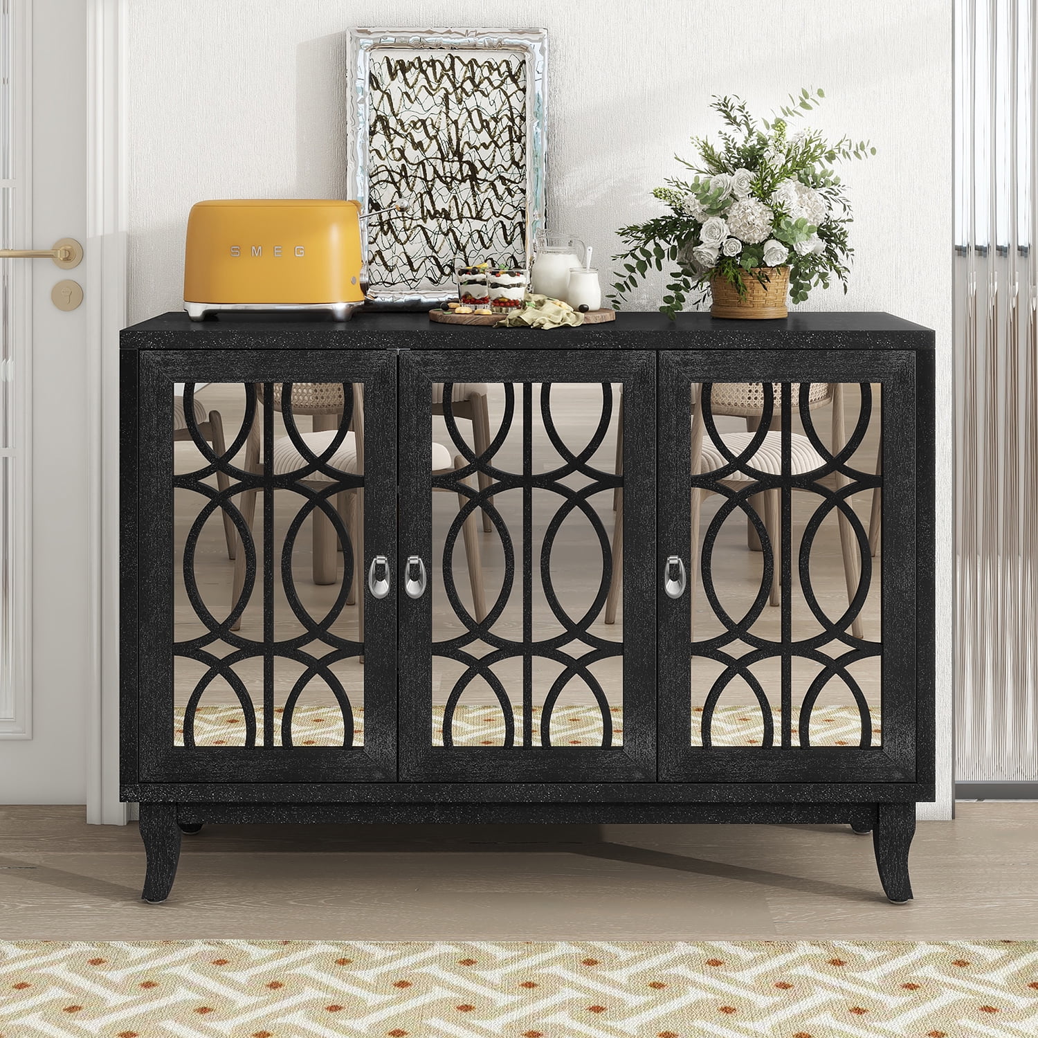 Kadyn Sideboard with Glass Doors, Accent Storage Cabinet with 3 Door, Sideboard Buffet Cabinet for Hallway, Black