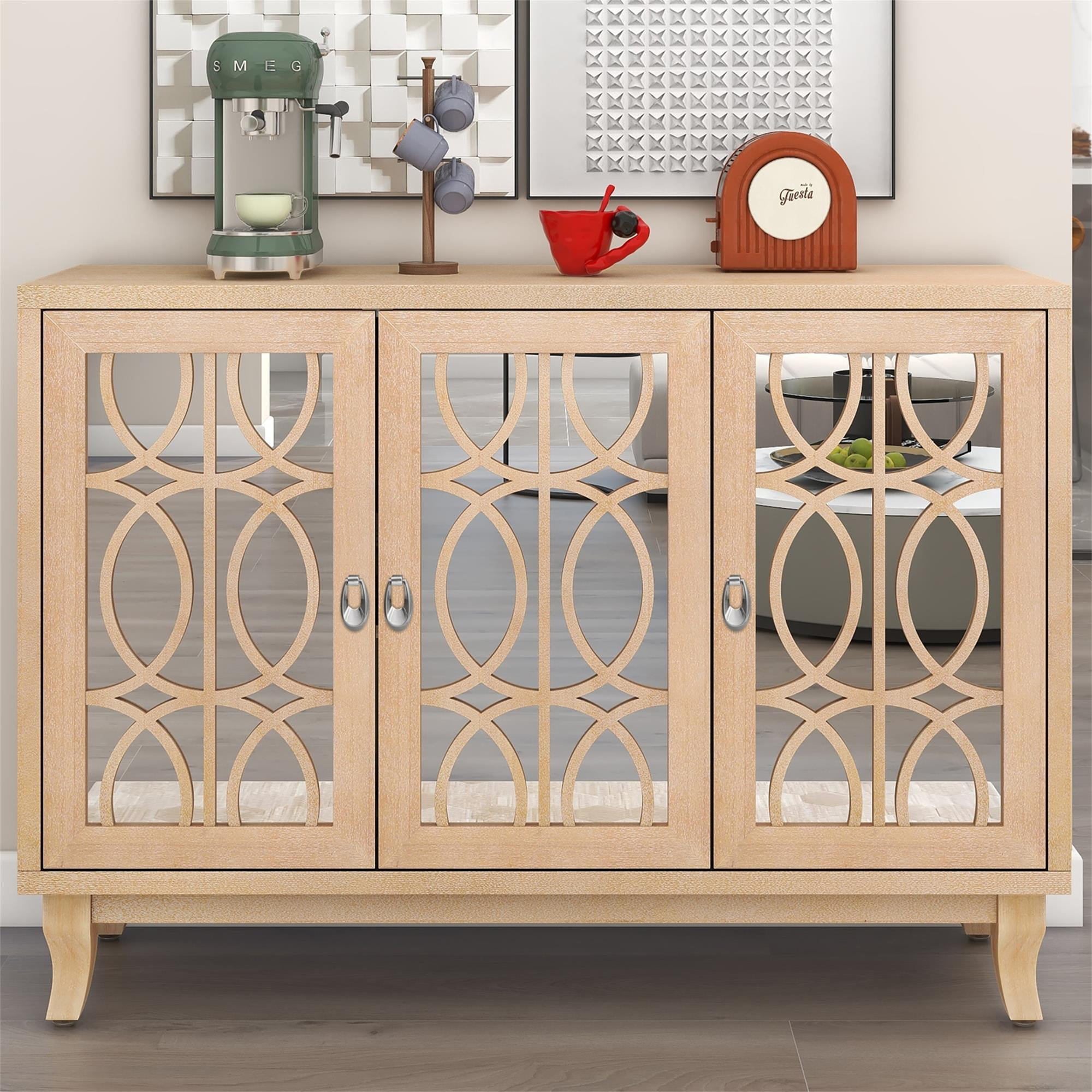 Kadyn Sideboard with Glass Doors, Accent Storage Cabinet with 3 Door, Sideboard Buffet Cabinet for Hallway, Natural