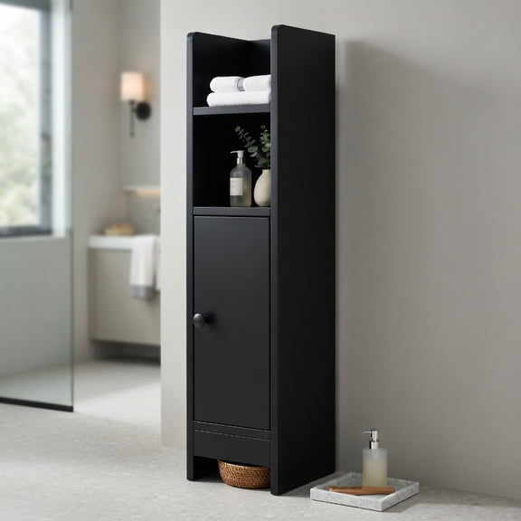 Kadyn Slim Corner Storage Cabinet with Door and Adjustable Shelf, Space-Saving Bathroom Floor Unit for Small Spaces, Freestanding, Black