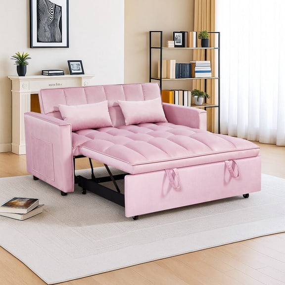 Kadyn Sofa Bed, Couch Bed, 54 Inch Adjustable Backrest Sofa or Sofa Bed, Futon Sofa with Double Armrest and Pouch, Pink