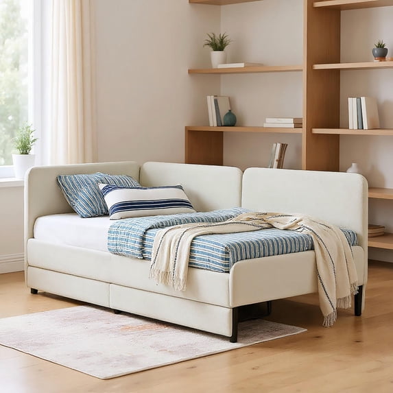 Kadyn Sofa Bed, Couch Bed, Twin Size Upholstered Platform Bed Frame with 2 Storage Drawers, Beige