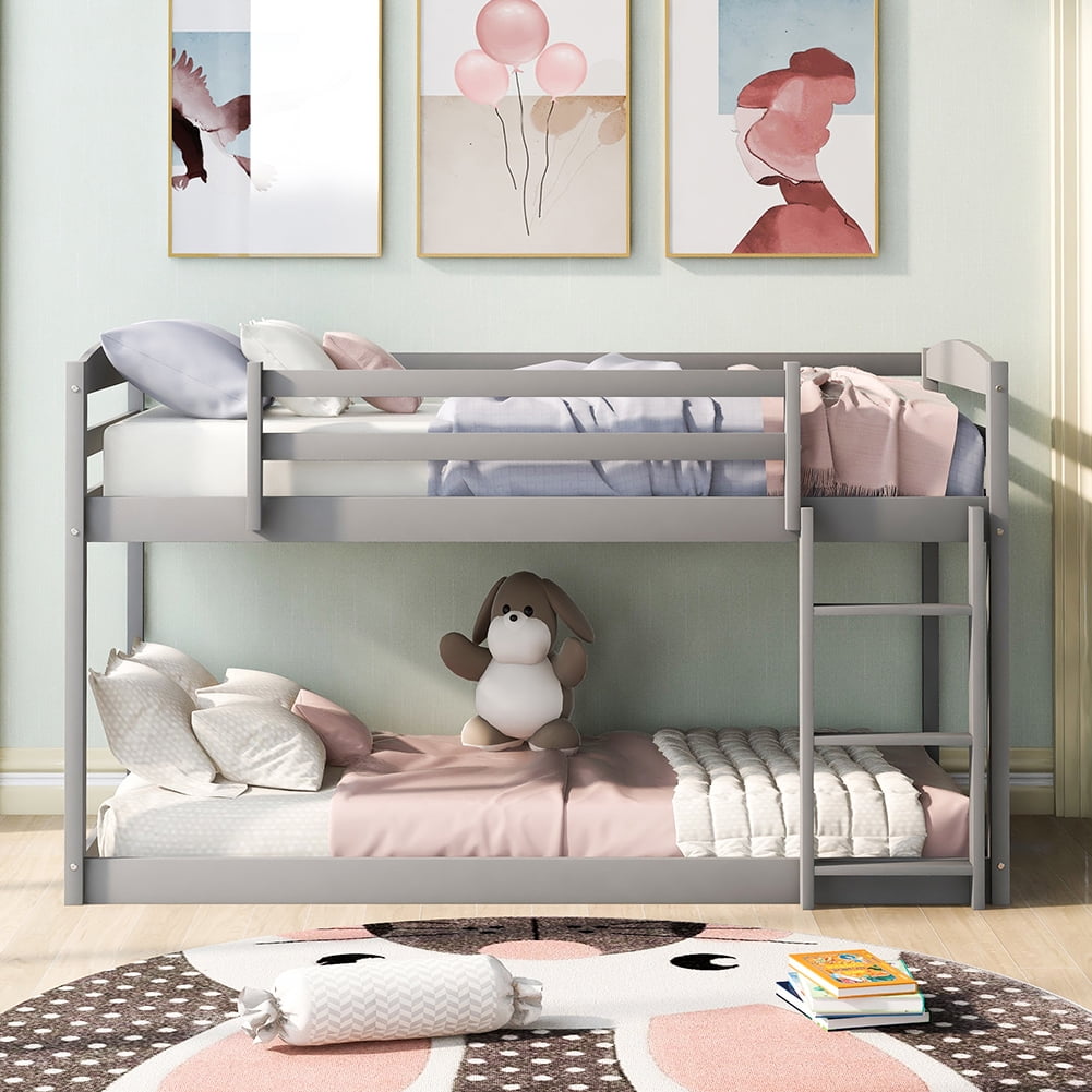 Kadyn Solid Wood Twin Bunk Bed with Ladder and Safety Rail, Gray Kadyn Solid Wood Twin Bunk Bed with Ladder and Safety Rail, Gray