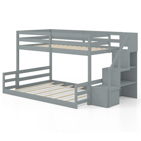 Kadyn Solid Wood Twin Over Full Low Sturdy Bed Bunk Frame with Storage Stairs, Bedroom Platform Bed Frame, Gray