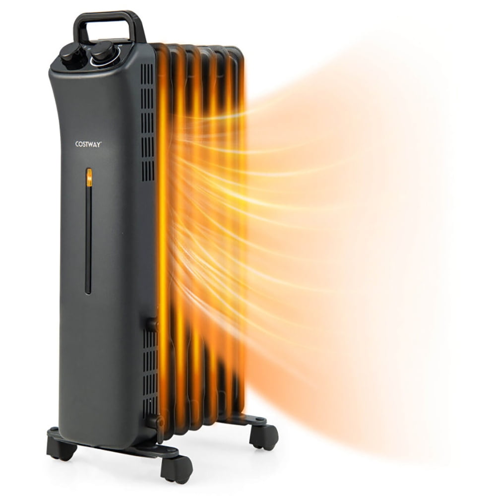 Black 1500W Oil Filled Space Heater with Thermostat and Automatic Shut-off