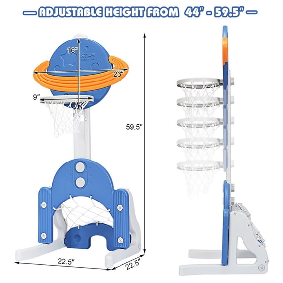 Kadyn Sports Center with Basketball Soccer Game Set, Basketball Hoop Set, Adjustable Basketball Set,3 in 1 Kids Basketball Hoop Set with Balls-Blue