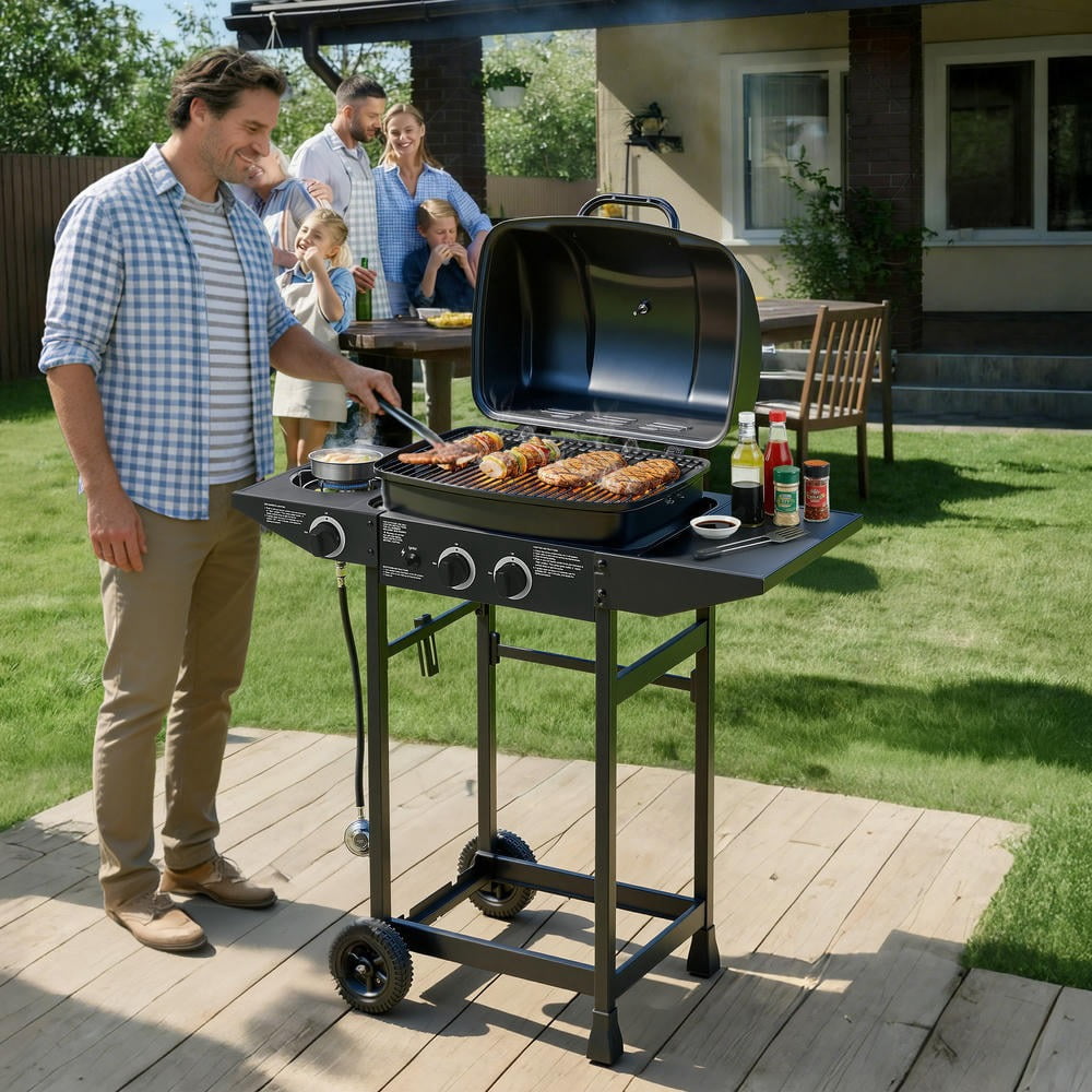 Kadyn Stainless Steel BBQ Grill with 2 Main Burners & Side Burner for Patio with 24000 BTU Output, Enameled Cooking Grates & Side Tables, Black