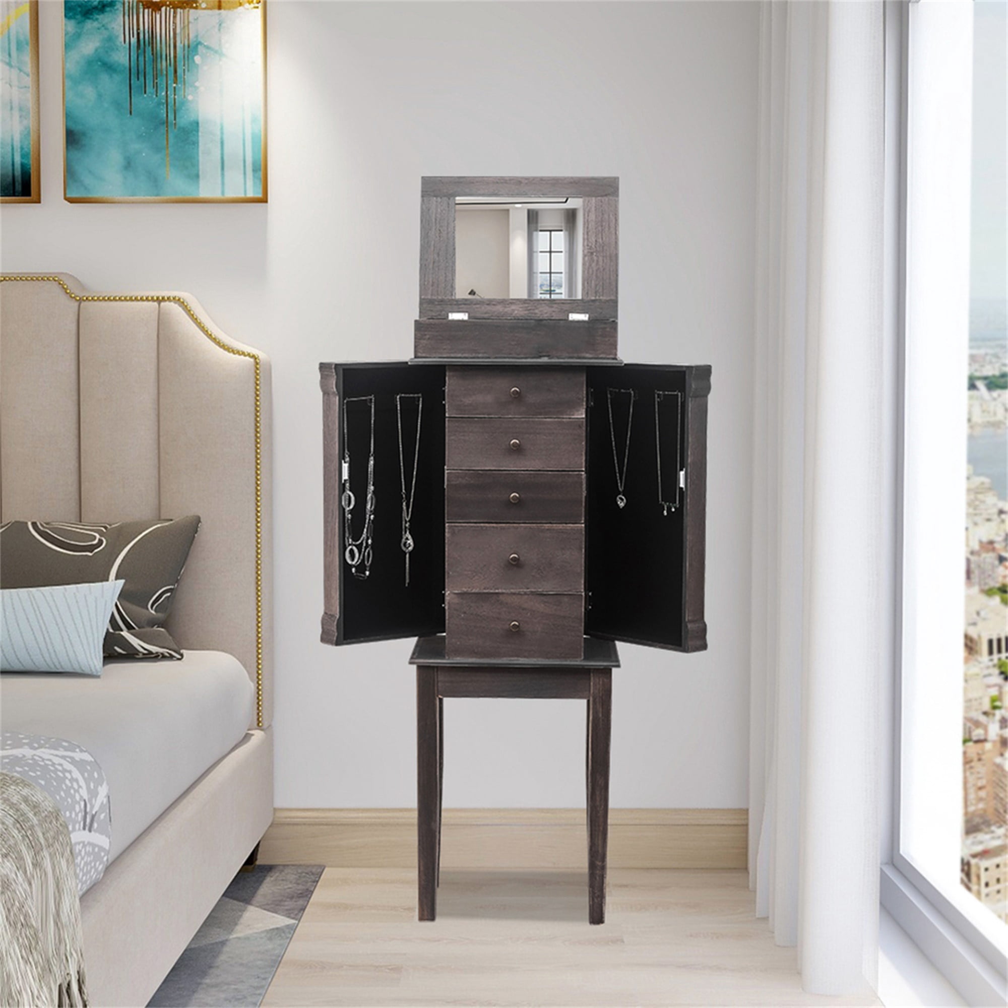 Kepooman Standing Jewelry Armoire with Mirror, 5 Drawers & 8 Necklace