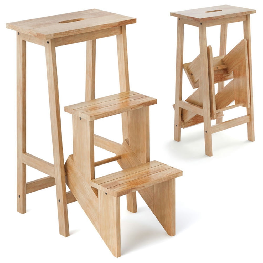 Kadyn Step Stool,3-in-1 Rubber Wood 3 Tier Folding Step Stool Ladder Storage Shelf-Natural